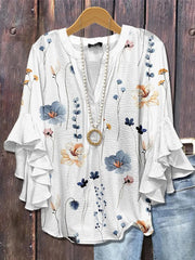 Floral Print V-Neck Peplum Short Sleeve Tops