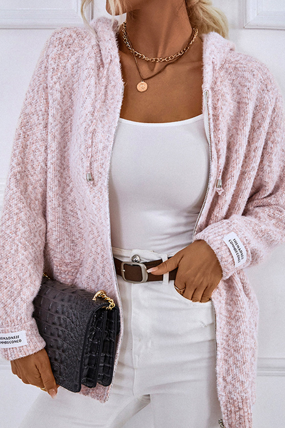 Geometric Hooded Long Sleeve Pocket Stitching Casual Cardigan