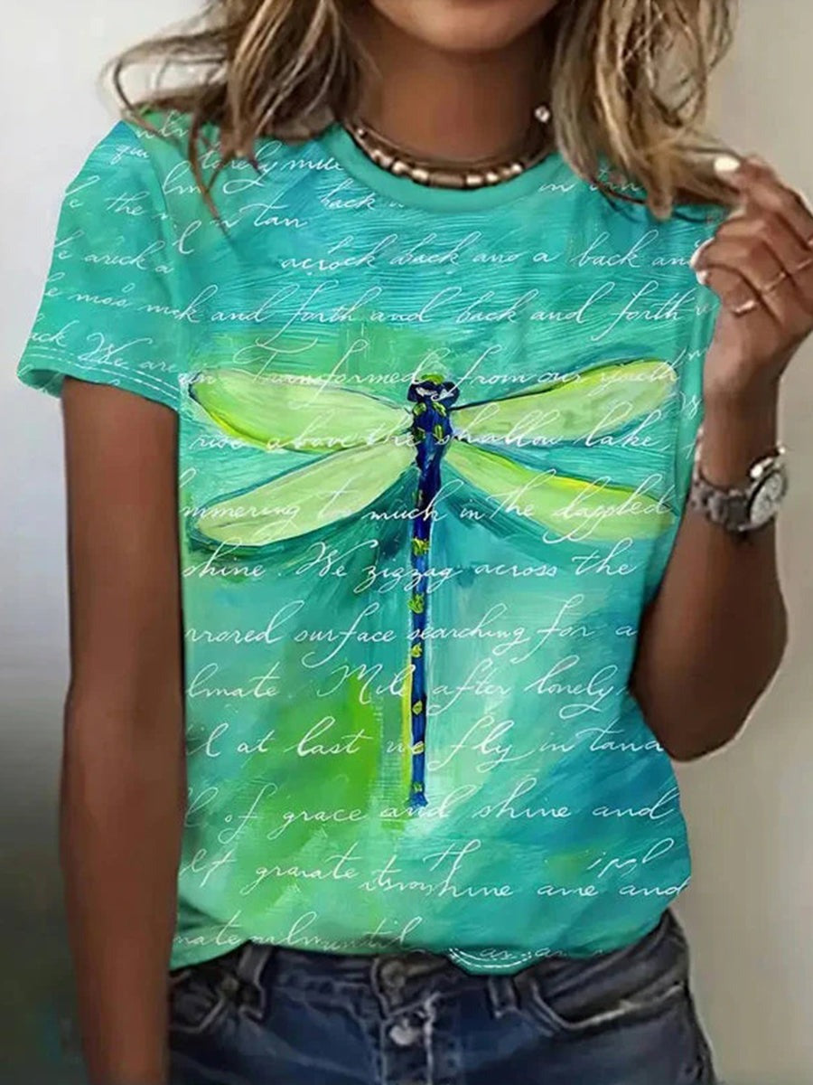 Dragonfly Print Round Neck Short Sleeve Daily Comfy T-Shirt