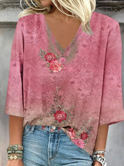Floral Print V-neck 3/4 Sleeve Loose Blouse