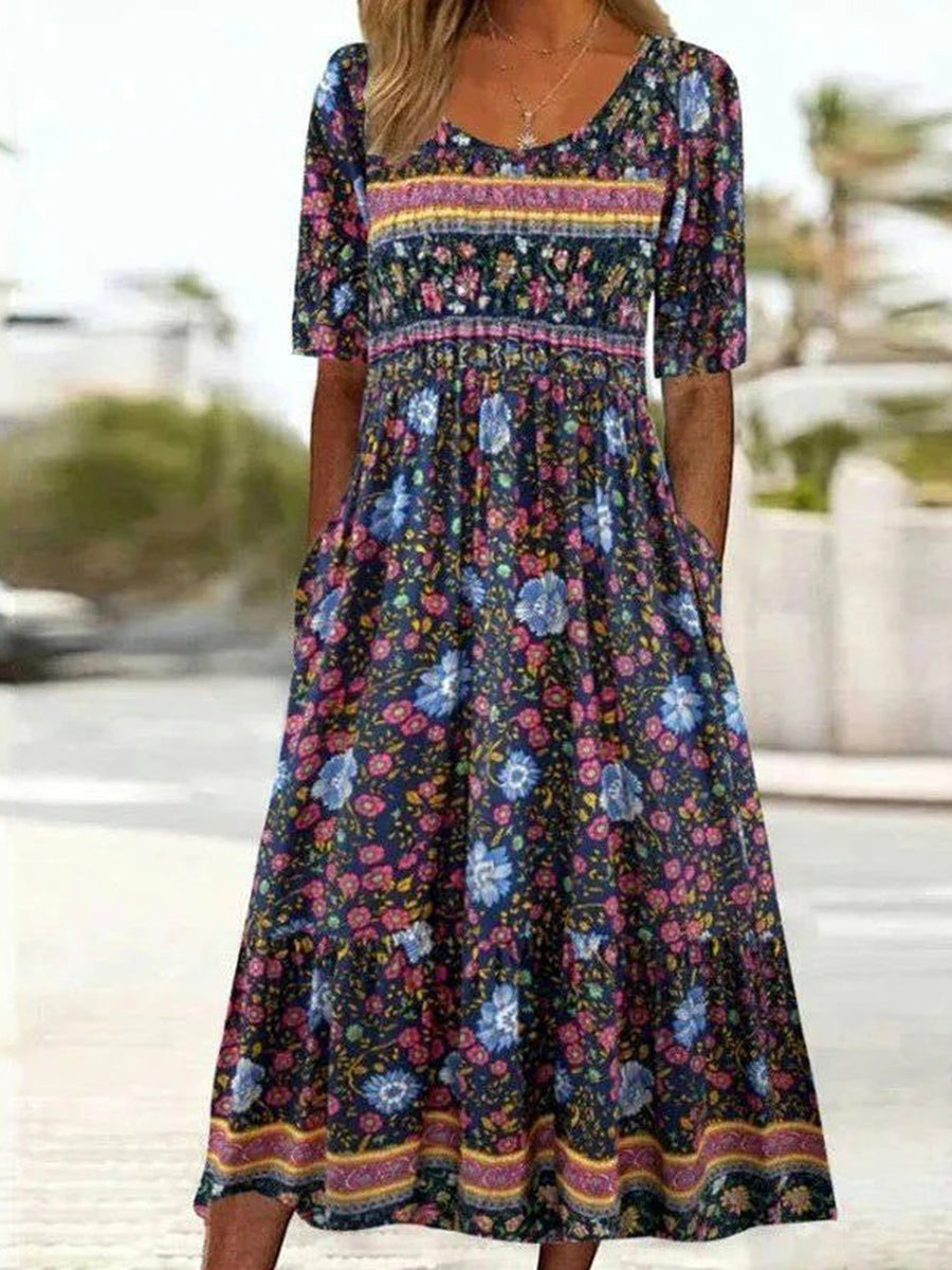 Vintage Floral Print U-neck Short Sleeve Dress