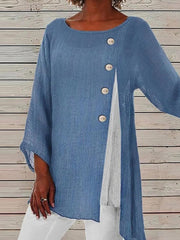 Blue Crew Neck Long Sleeve Side Slit Buttons Casual Blouse