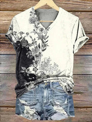 Floral Print V-neck Short Sleeve T-Shirt