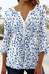 Leaf Print V Neck 3/4 Sleeve Buttons Casual Comfy Blouse