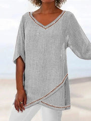 Solid V-neck Hollow Out Design Half Sleeve Asymmetric Hem Casual Blouse