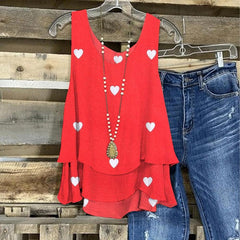 Heart Print V-neck Sleeveless Layered Hem Casual Tank Top