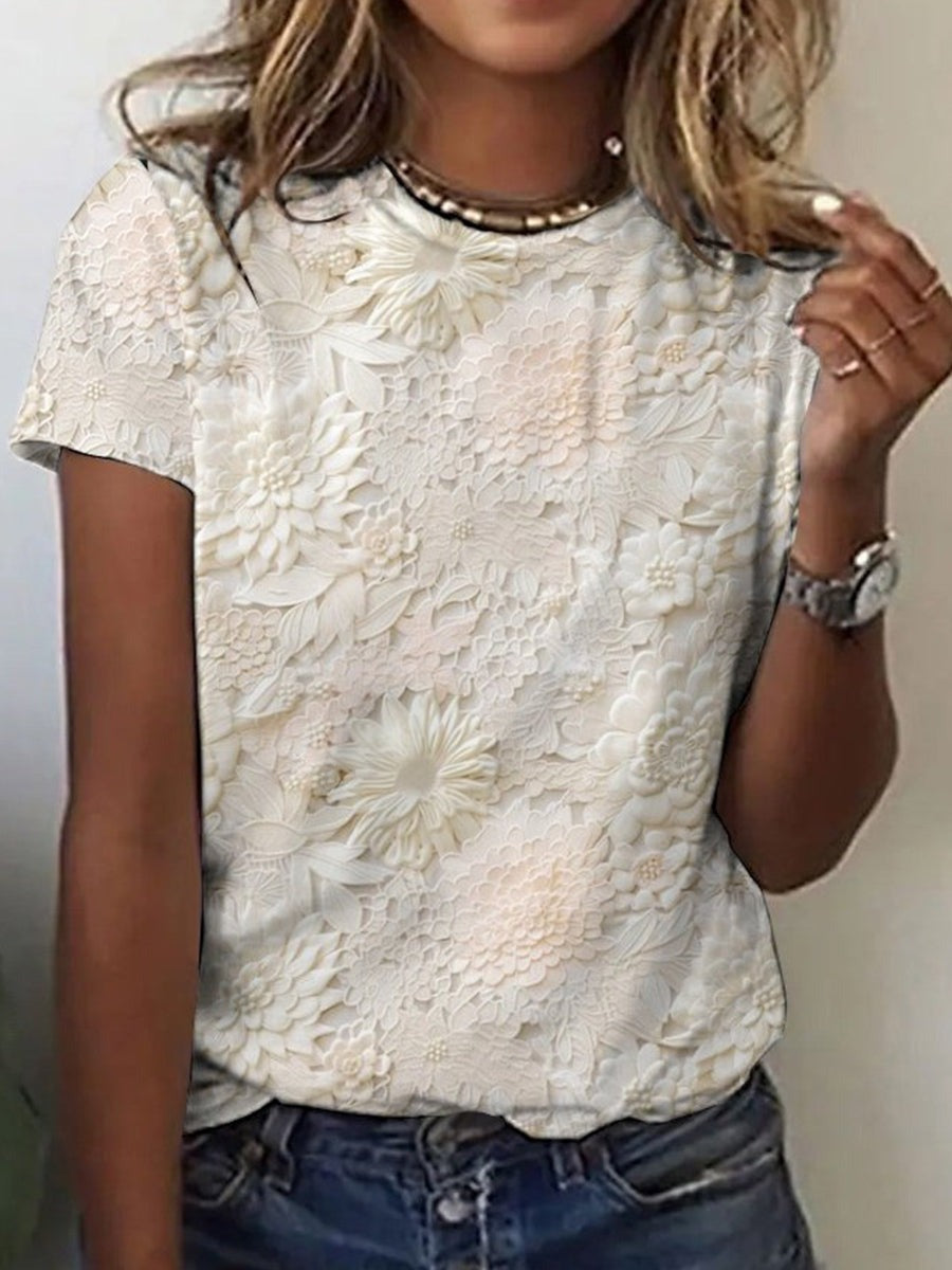 Floral Print Crew Neck Short Sleeve Comfy Daily T-shirt