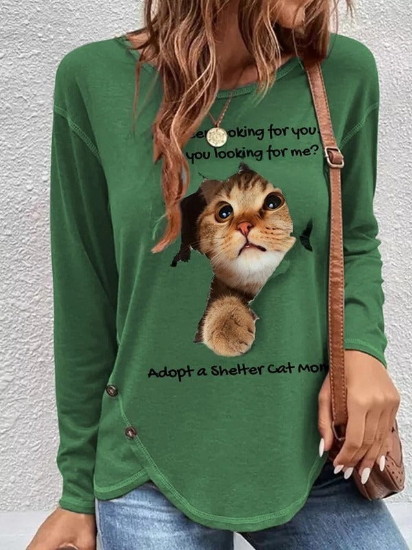 Green Graphic Cat Character Printed Round Neck Long Sleeve Sweatshirt