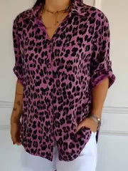 Leopard Print Round Neck Long Sleeve Tops