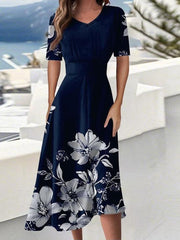 Blue Floral Print V-neck Short Sleeve Midi Dress
