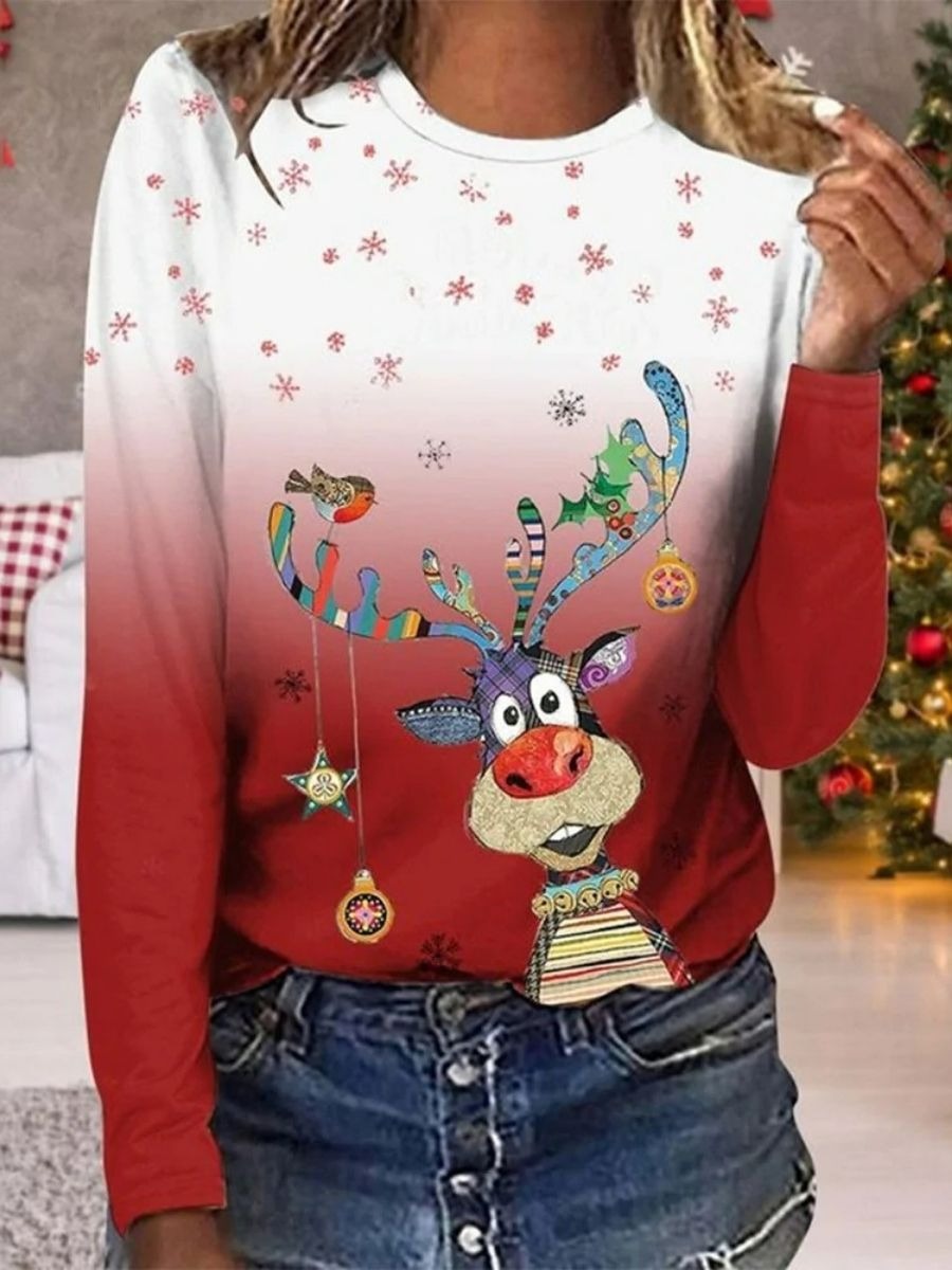 Christmas Reindeer Print Gradient Long Sleeves Sweatshirt
