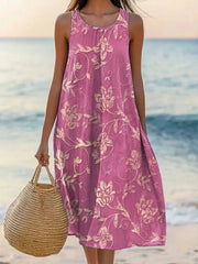 Vintage Floral Print Crew Neck Sleeveless Comfy Rose Maxi Dress