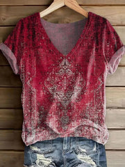Ethnic Print V-neck Short Sleeve Daily Loose T-shirt