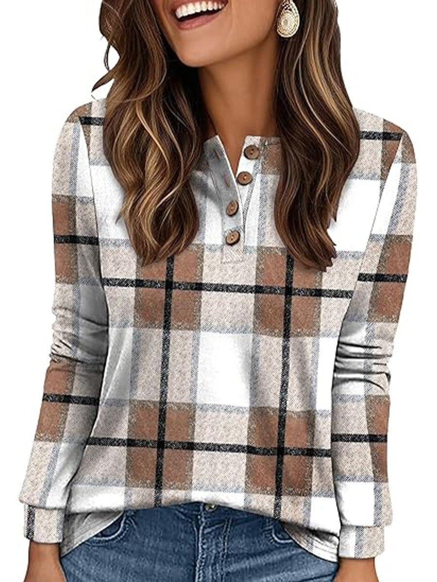 Casual Grid Print V-neck Long Sleeve Blouse