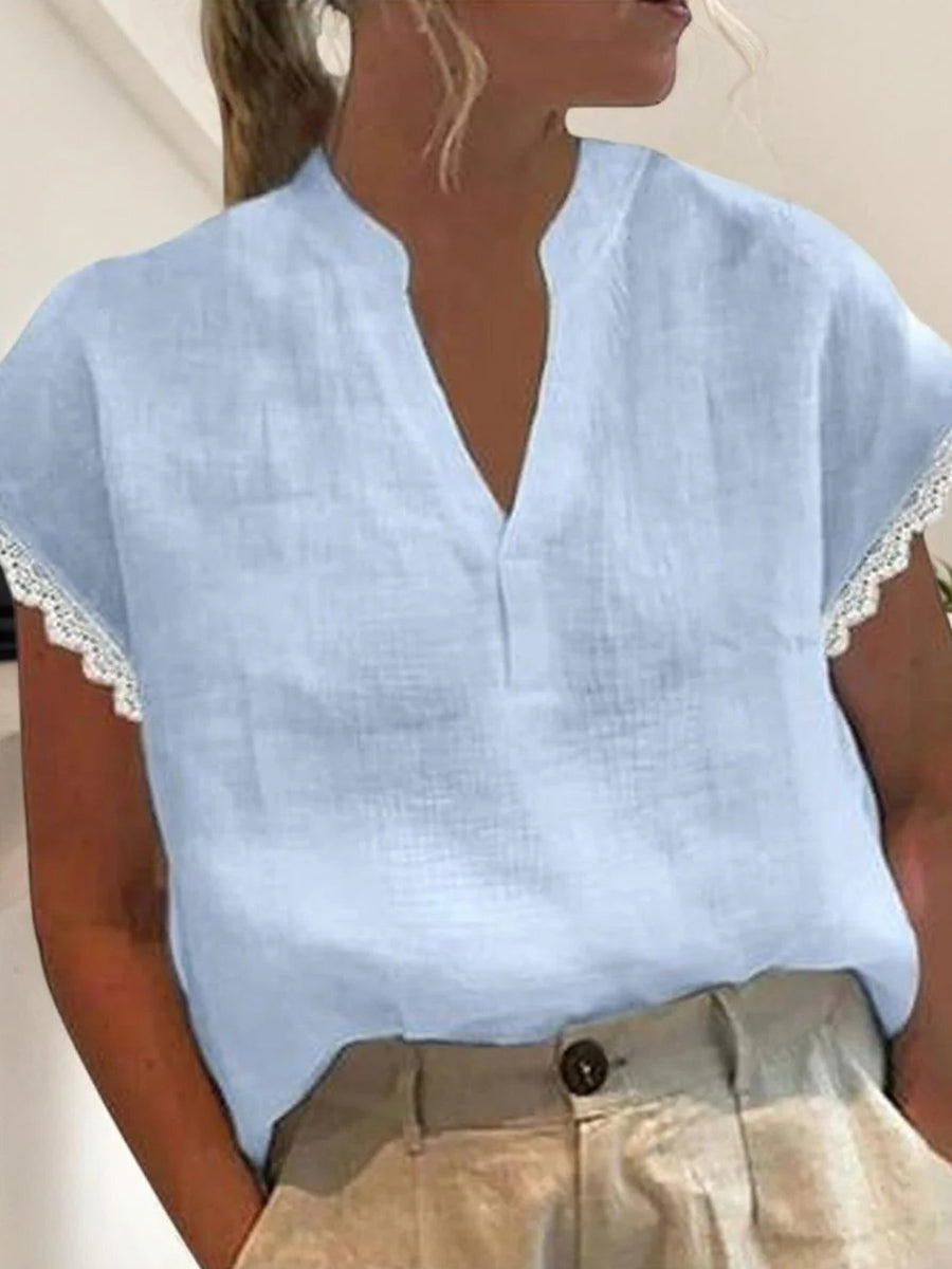 Plain V-neck Lace Edge Short Sleeve Casual Loose Blouse