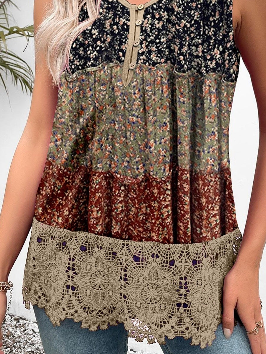 Graphic Lace V-neck Sleeveless Buttons Tops