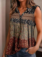 Graphic Lace V-neck Sleeveless Tops