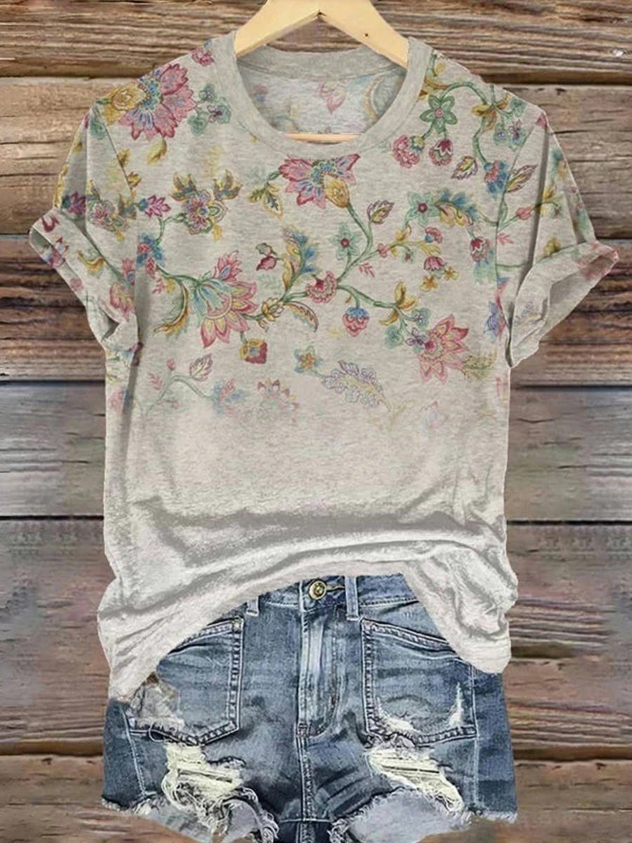 Vintage Floral Print Round Neck Short Sleeve Loose T-Shirt