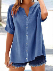Solid Color V-neck Short Sleeve Casual Loose Blouse