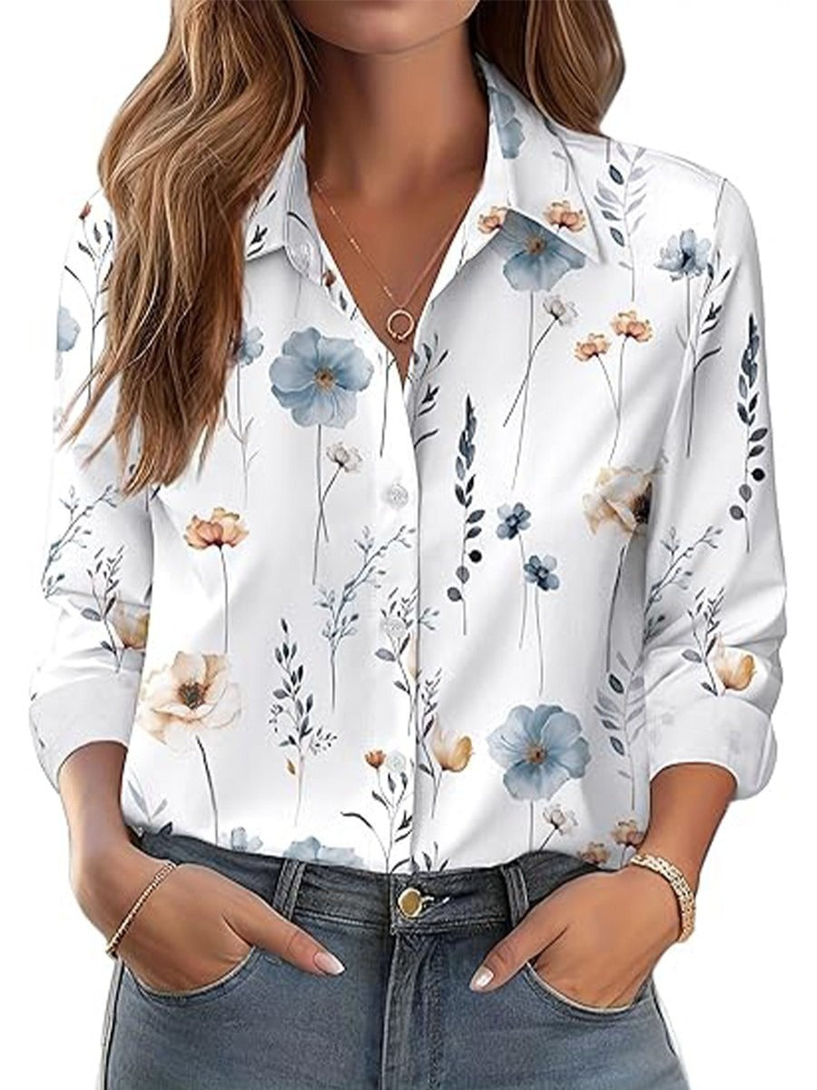 Floral Print Lapel Long Sleeve Casual Daily Blouse