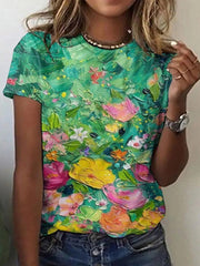 Green Floral Print Round Neck Short Sleeve Casual T-shirt