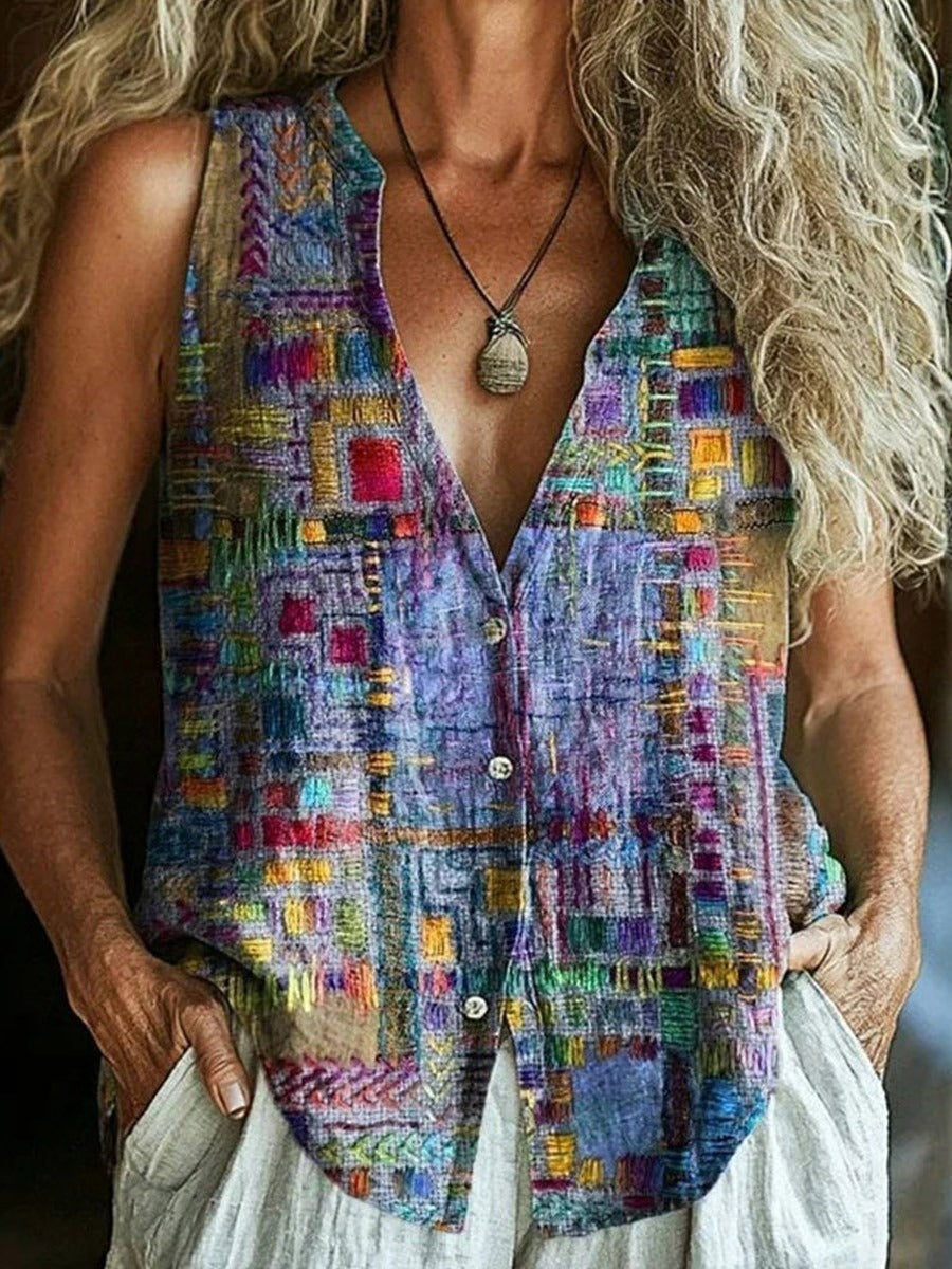 Vintage Colourful Abstract Print V-neck Sleeveless Comfy Blouse