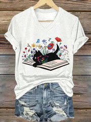 Cat Print V-neck Short Sleeve T-Shirt