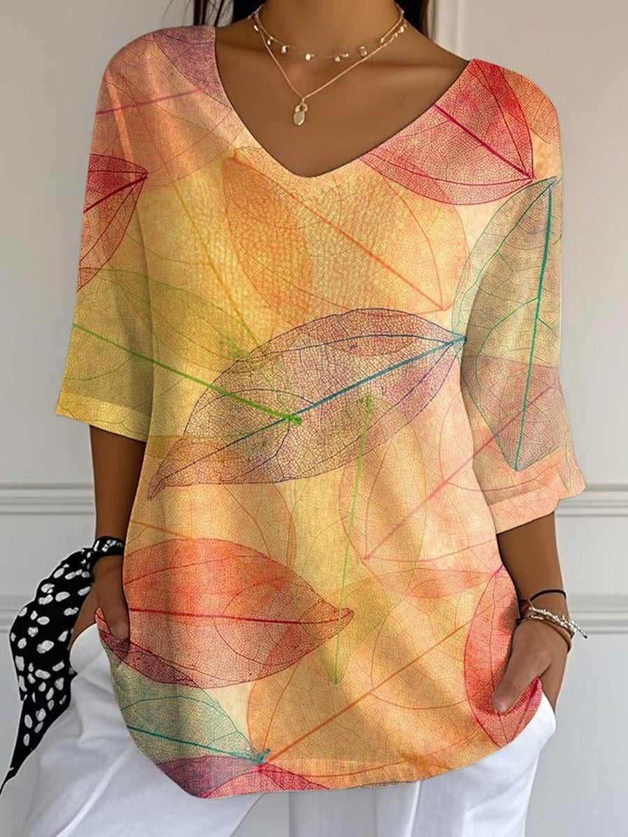 Fall Leaf Print V-neck 3/4 Sleeve Loose Casual T-Shirt