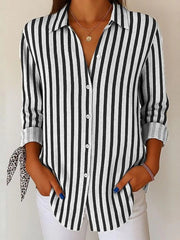 Chic Stripe Print Shirt Collar Long Sleeve Loose Shirt
