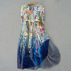 Vintage Floral Print Lapel Short Sleeve Midi Dress with Belt