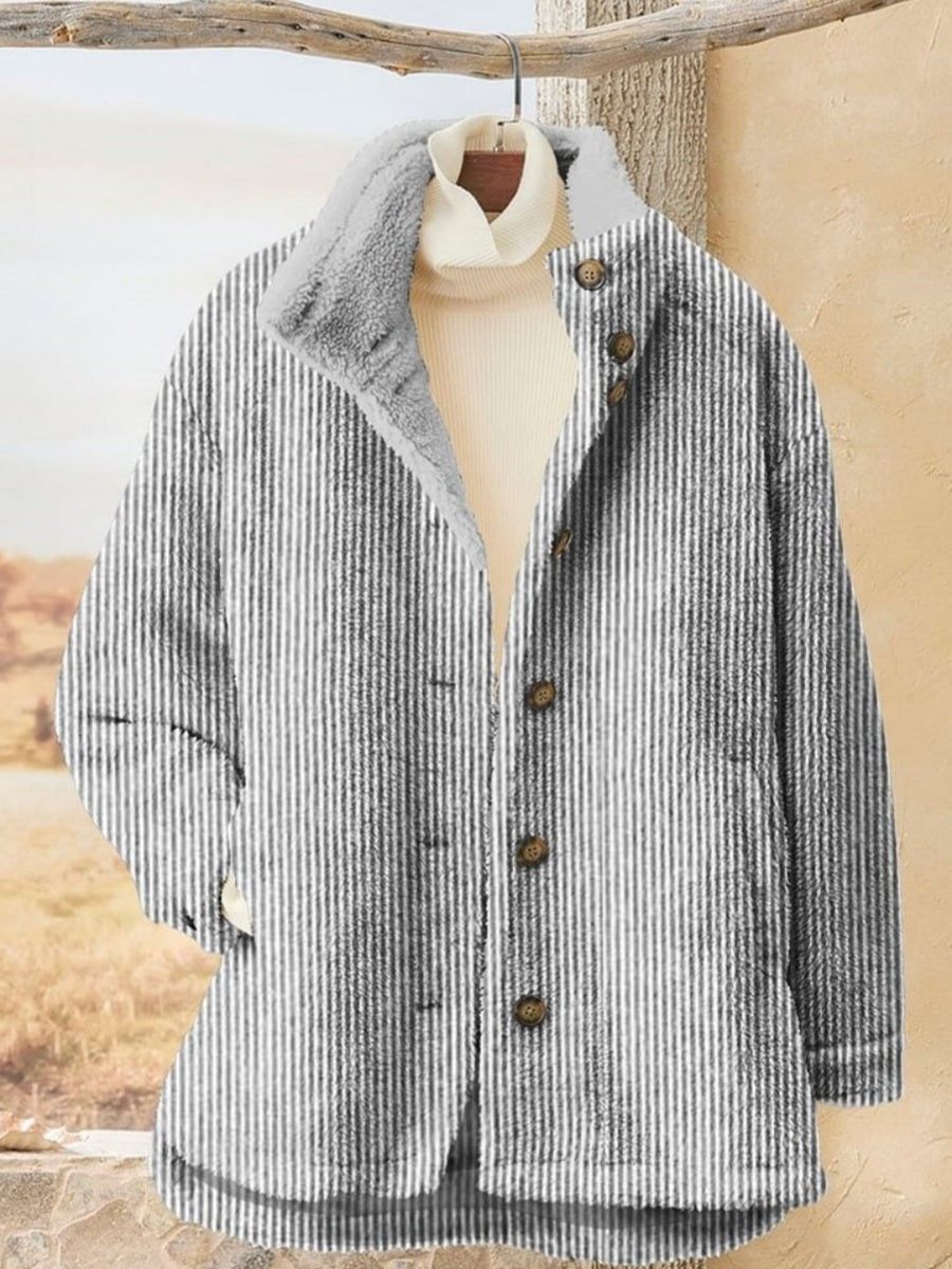Solid Color Striped Thicken Pocket Loose Warm Jacket