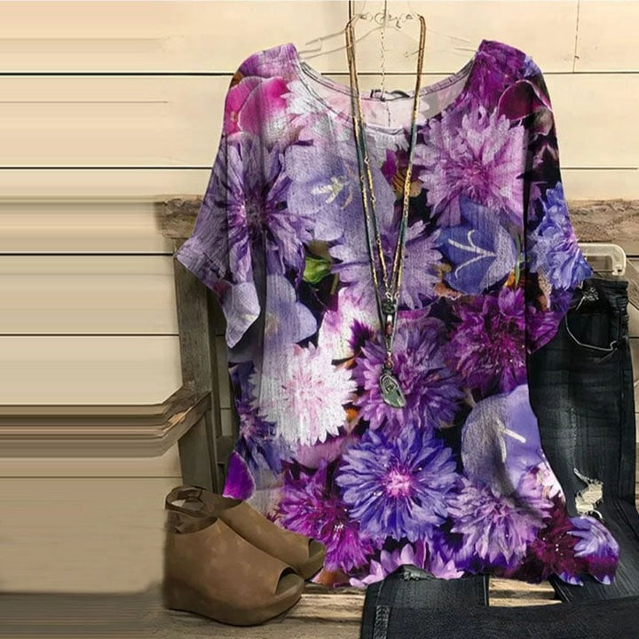 Vintage Floral Print Round Neck Short Sleeve Blouse