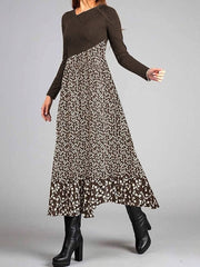 Color Block Round Neck Long Sleeve Maxi Dress