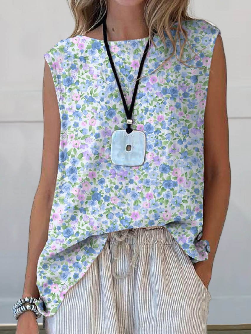 Elegant Floral Art Print Round Neck Tank Tops