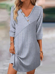 Casual Striped V-neck 3/4 Sleeve Mini Dress