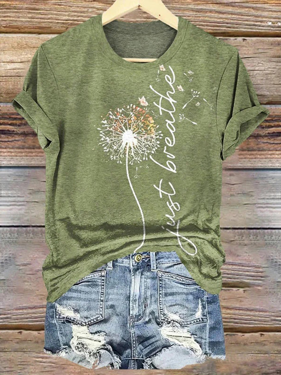 Dandelion Print Round Neck Short Sleeve T-Shirt
