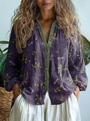 Vintage Leaf Print V-neck Long Sleeve Loose Comfy Blouse