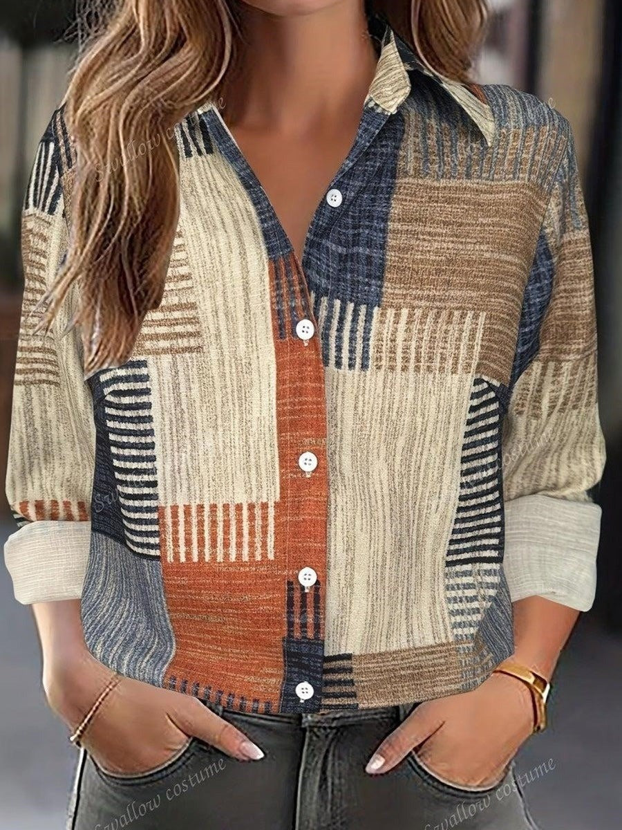 Special Multicolor Patchwork Collared Long Sleeve Casual Shirt