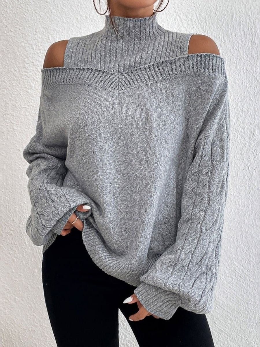 Elegant Grey Plain Off-the-Shoulder Long Sleeve Comfy Sweaters