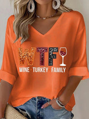 Orange V-Neck 3/4 Sleeve Tops