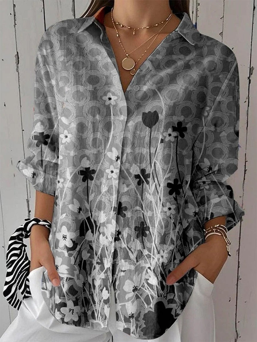 Casual Floral Print Lapel 3/4 Sleeve Tops
