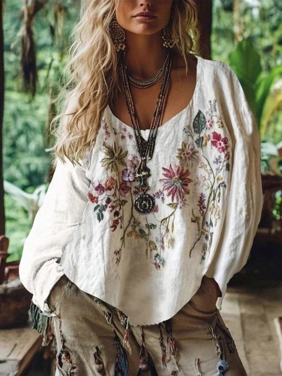 Vintage Floral Print Round Neck Long Sleeve Tops