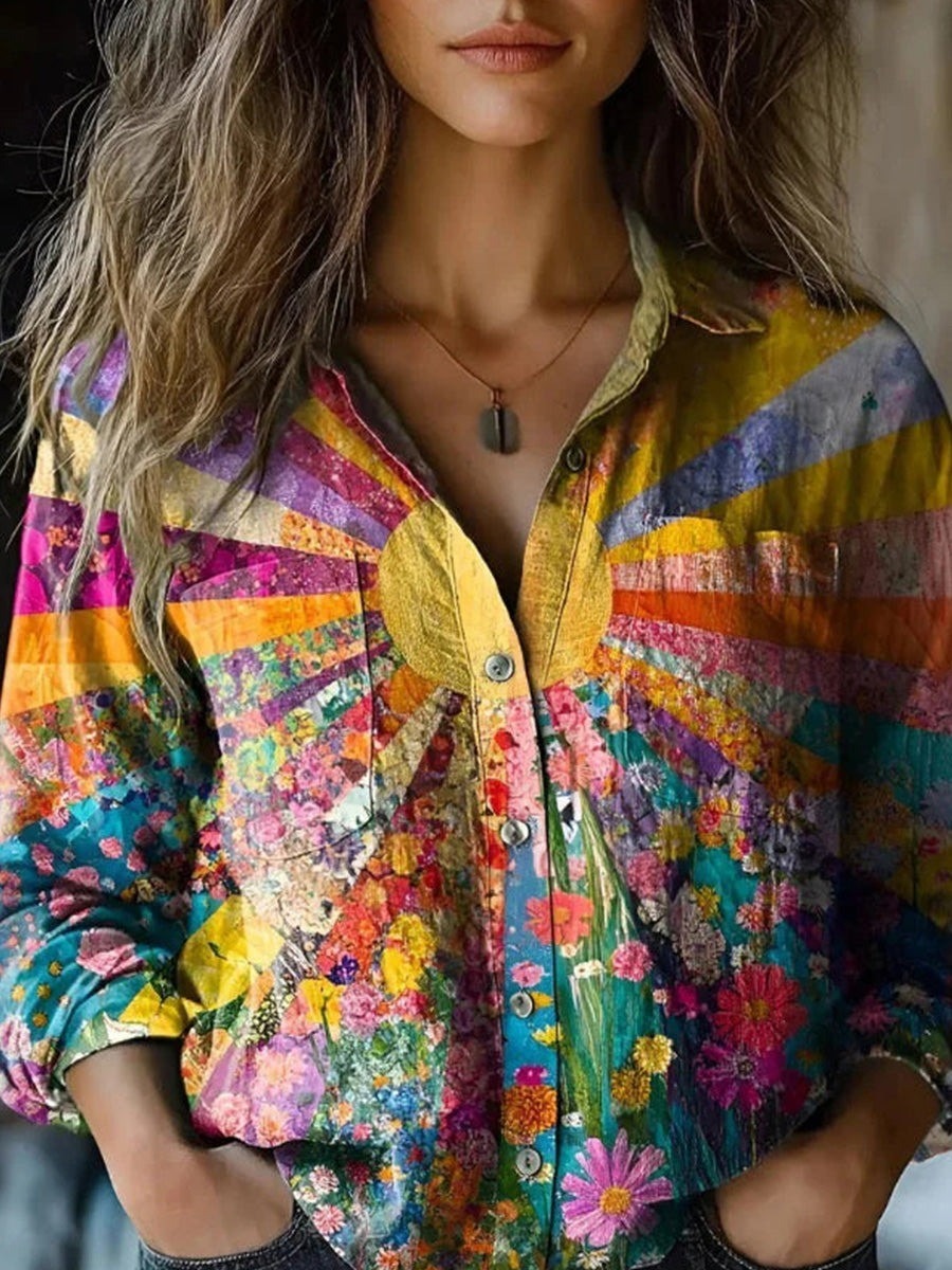 Vintage Floral Print Lapel Long Sleeve Loose Comfy Blouse