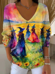 Halloween Watercolor Witch Print V-neck Long Sleeve Comfy Sweater