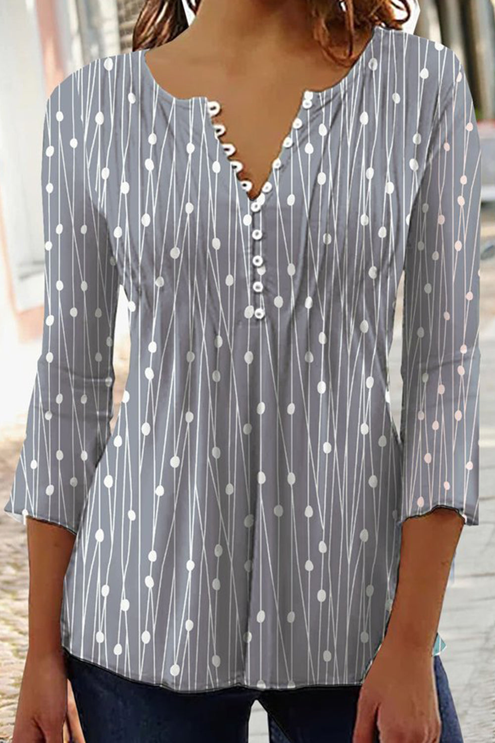 Geometric Polka Dots V-neck 3/4 Sleeves Casual Blouse