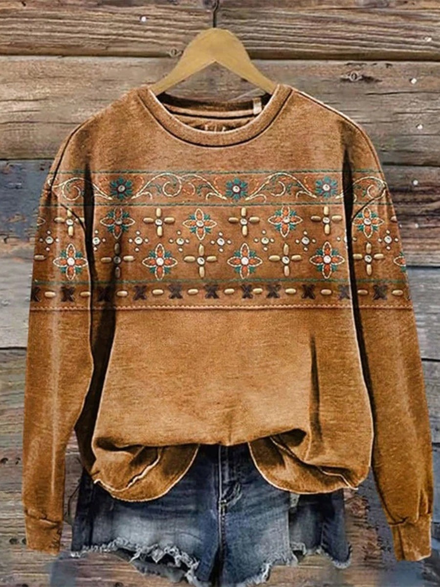 Vintage Floral Print Round Neck Long Sleeve Loose Comfy Sweatshirt