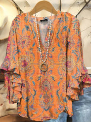 Vintage Ethnic Floral Print V-neck 3/4 Sleeve Loose Blouse