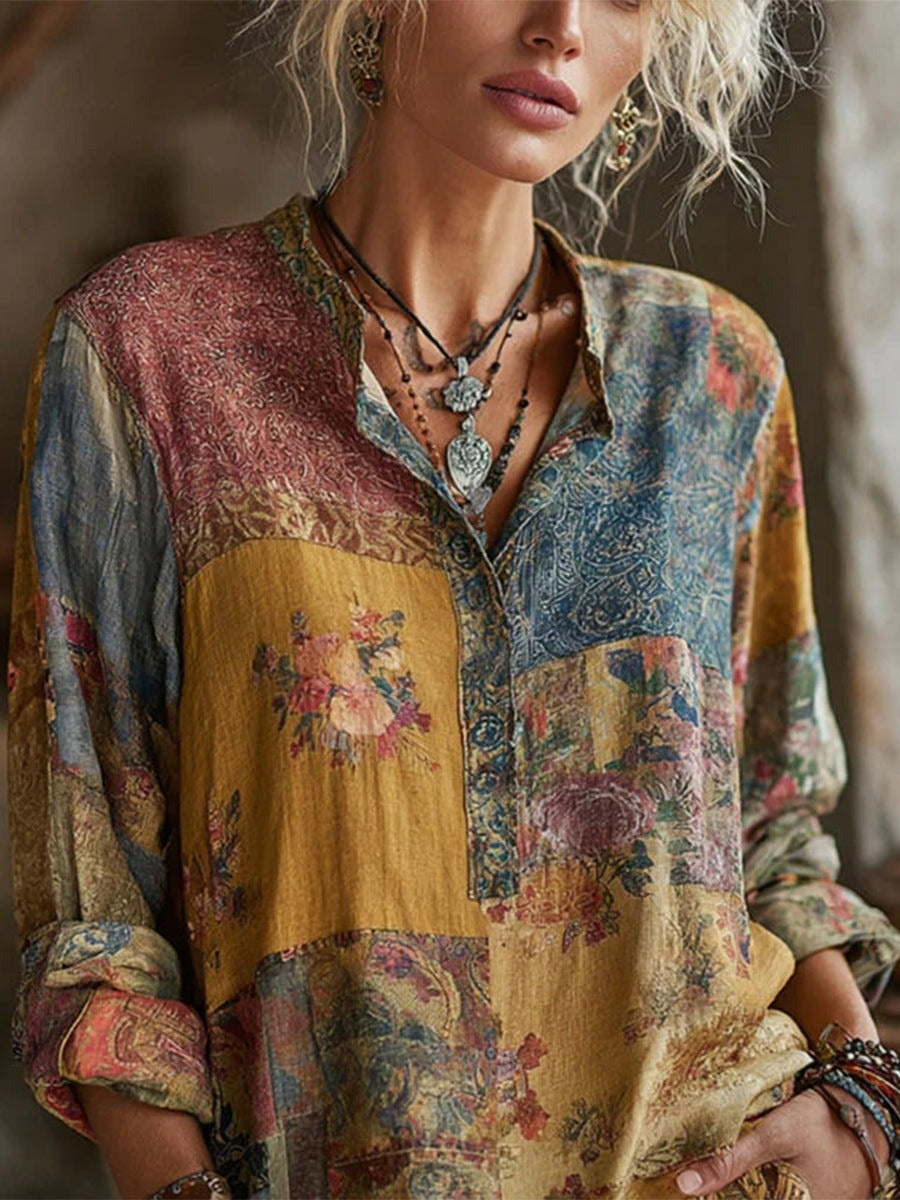 Vintage Floral Print Lapel Long Sleeve Loose Casual Blouse