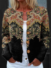 Vintage Ethnic Floral Print Buttons Long Sleeve Comfy Cardigan