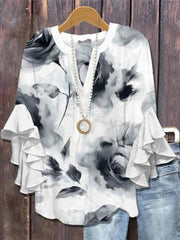 Stylish Gradient Floral Print V-neck 3/4 Sleeve Casual Blouse